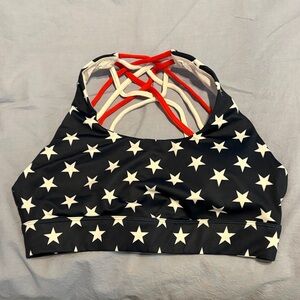 Starry Navy Blue Sports Bra with Red Straps